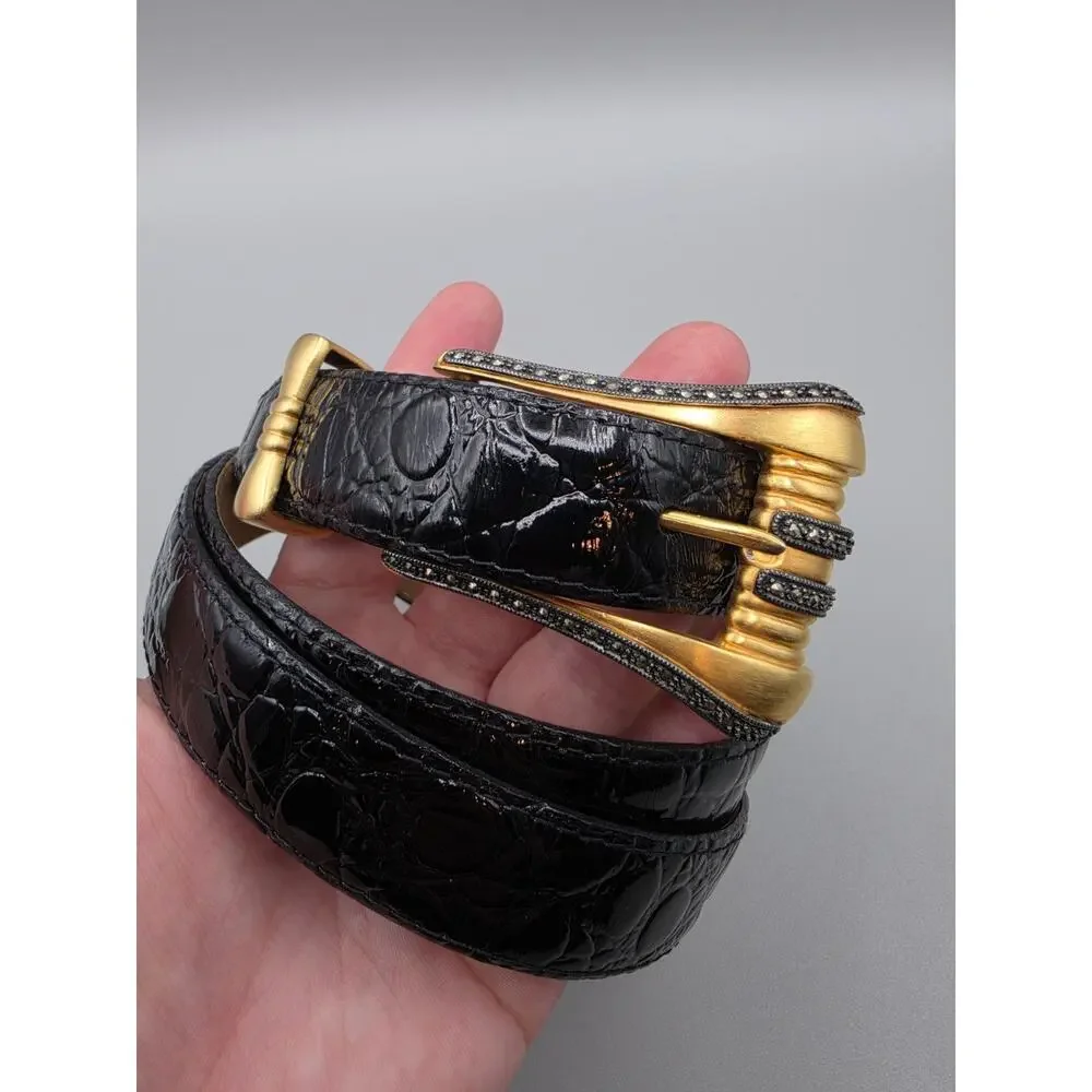 Vintage Judith Jack Calf Leather Belt Gold Tone Buckle With Marcasites